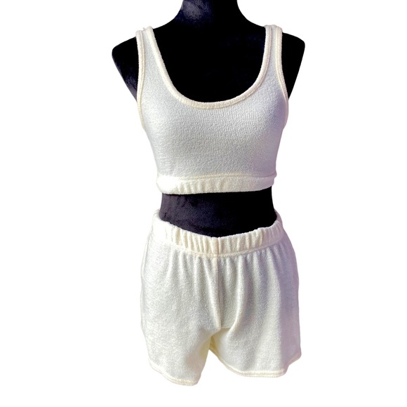 Cream Sherpa Like Crop Tank Top and Short Set - Picture 1 of 7